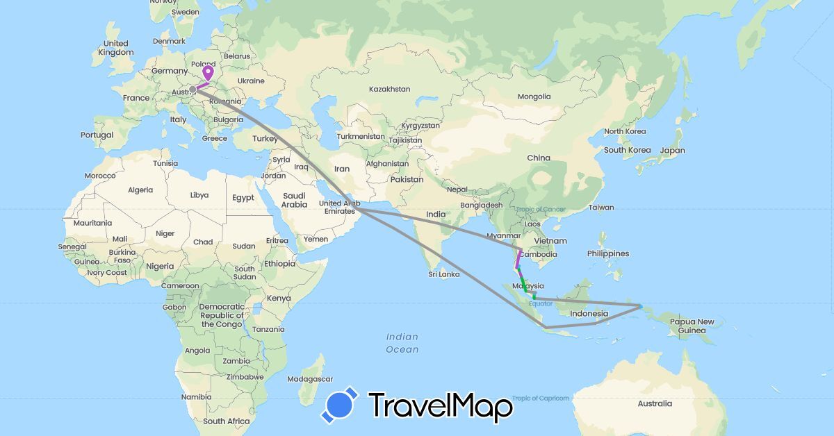 TravelMap itinerary: driving, bus, plane, train, boat, motorbike in Austria, Indonesia, Malaysia, Oman, Slovakia, Thailand (Asia, Europe)